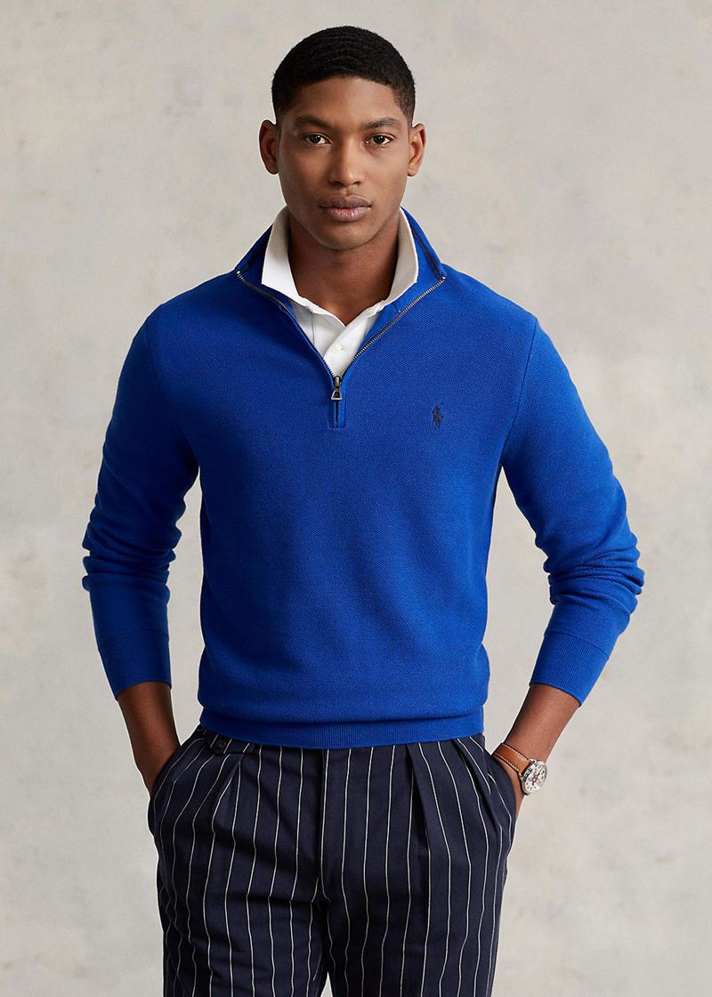ポロ ラルフ ローレン セーター メンズ 青 Mesh-knit コットン Quarter-zip ジャンパー RTVIL5276